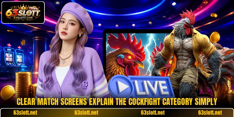 Clear match screens explain the cockfight category simply